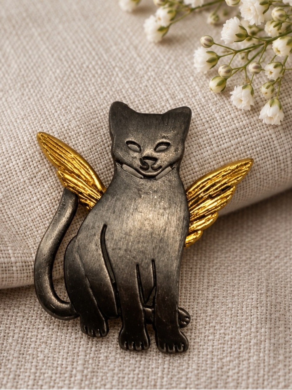 Vintage Ultra Craft Angel Cat Brooch - Matte Pewter & Gold Tone